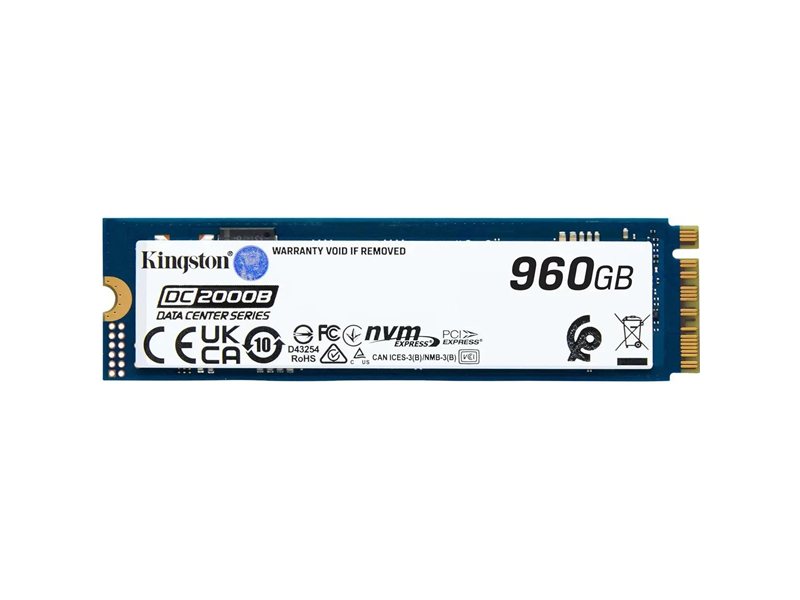 Твердотельный накопитель/ Kingston SSD DC2000B 960GB, M.2 22x80mm, NVMe, PCIe Gen 4x4, 3D TLC, R/W 7000/1300MB/s, IOPs 540 000/47 000, TBW 700, DWPD 0.4 (12 мес)