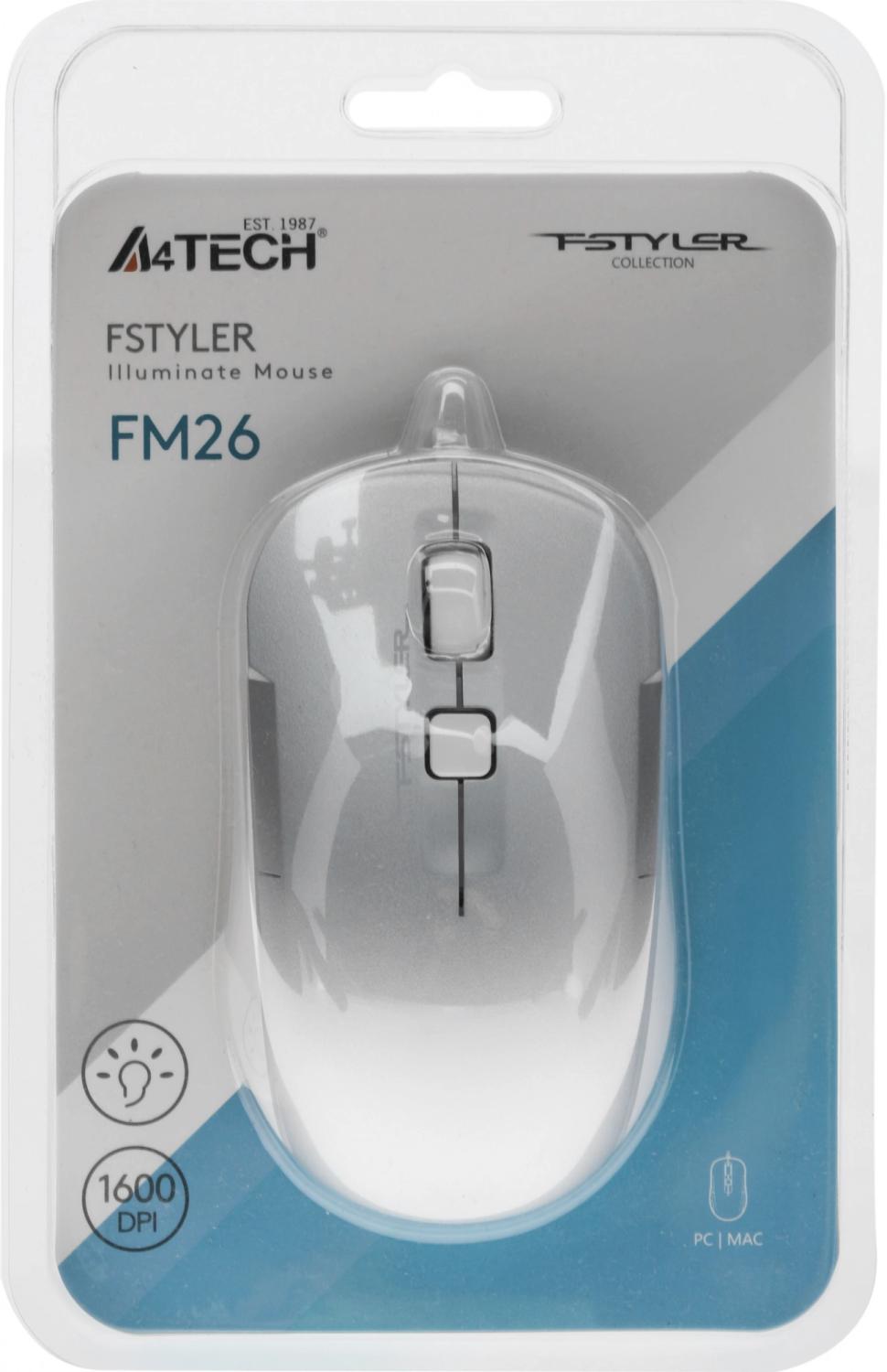 Мышь A4Tech Fstyler FM26 серебристый/белый оптическая 1600dpi USB для ноутбука 4but (FM26 USB (ICY WHITE))