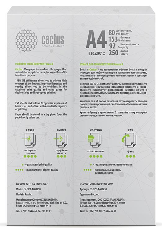Бумага Cactus B CS-OPB-A480250 A4 марка B/80г/м2/250л./белый CIE153% общего назначения(офисная)