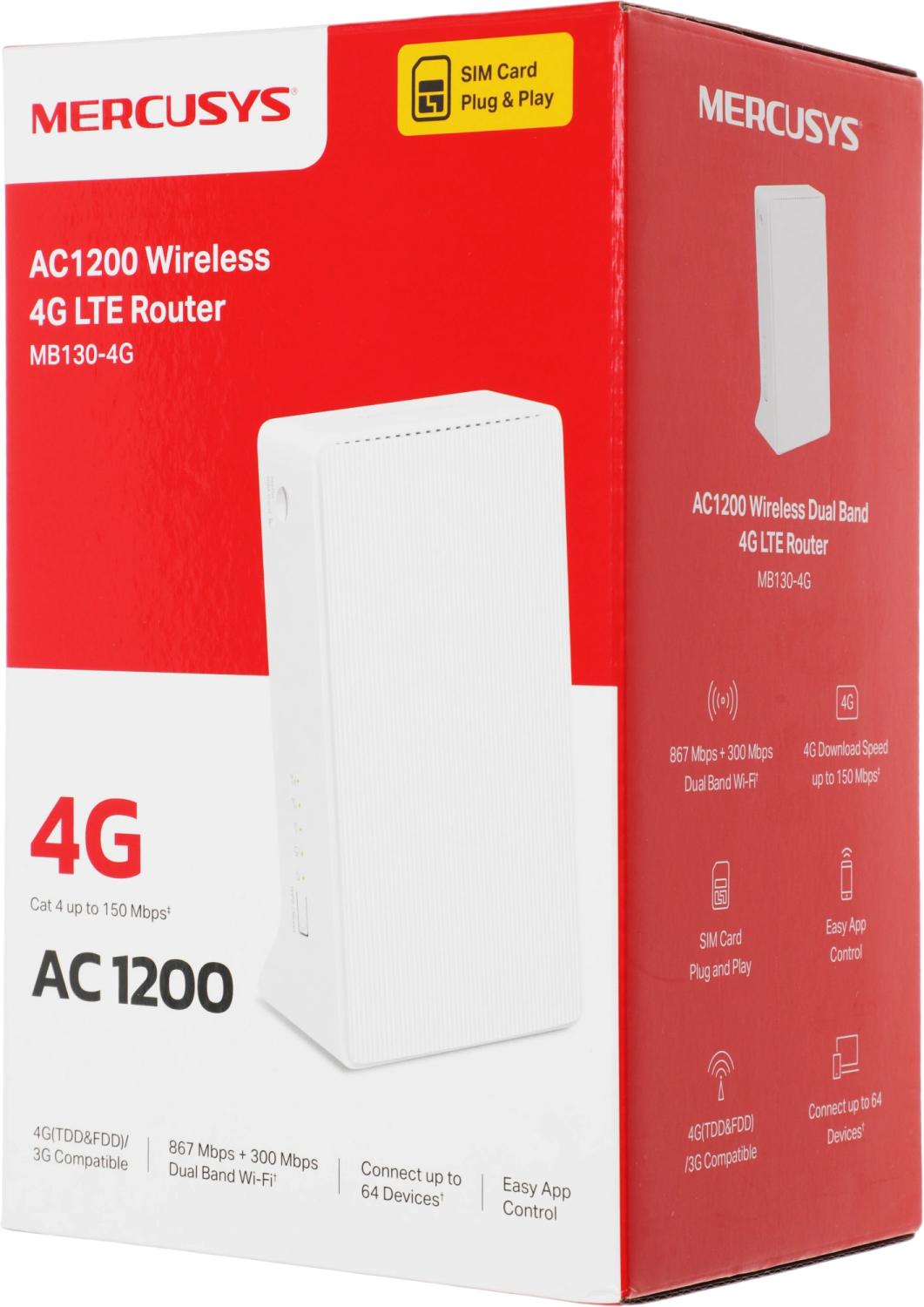 Роутер беспроводной Mercusys MB130-4G AC1200 10/100BASE-TX/3G/4G cat. 4 белый