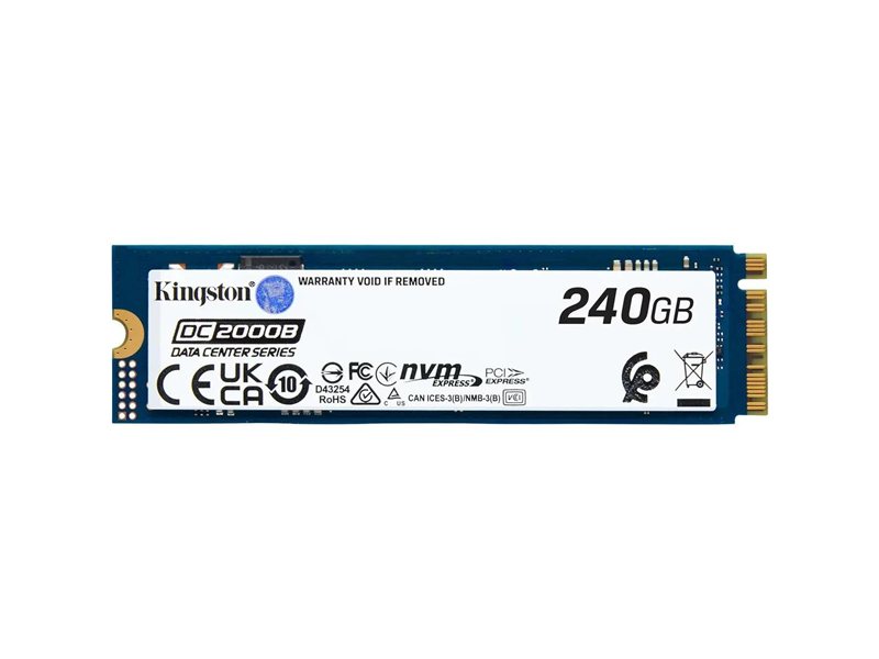 Твердотельный накопитель/ Kingston SSD DC2000B 240GB, M.2 22x80mm, NVMe, PCIe Gen 4x4, 3D TLC, R/W 4500/400MB/s, IOPs 260 000/18 000, TBW 175, DWPD 0.4 (12 мес)
