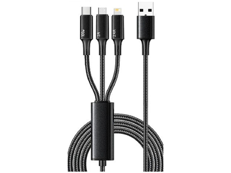 Rexant (18-7075) Кабель USB 3в1 Type-С (6A), Lightning (2,4A), micro USB (3A) 1,2м, в черной оплетке