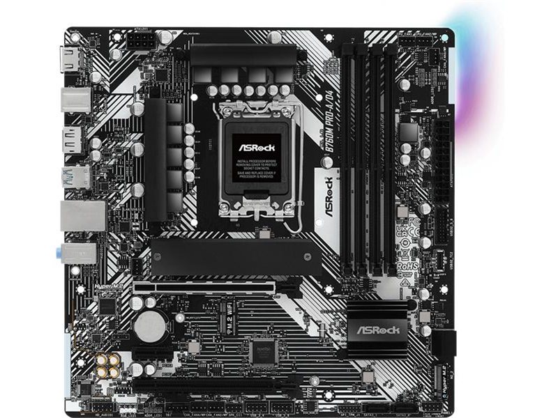 Материнская плата ASROCK B760M PRO-A/D4, LGA1700, B760, 4*DDR4, 4*SATA, 2*M.2, 3*USB 3.2, 2*USB 2.0, Type-C, 2*PCIx16, 1*PCIx1, 1*M.2 (Key E), HDMI+DP, mATX