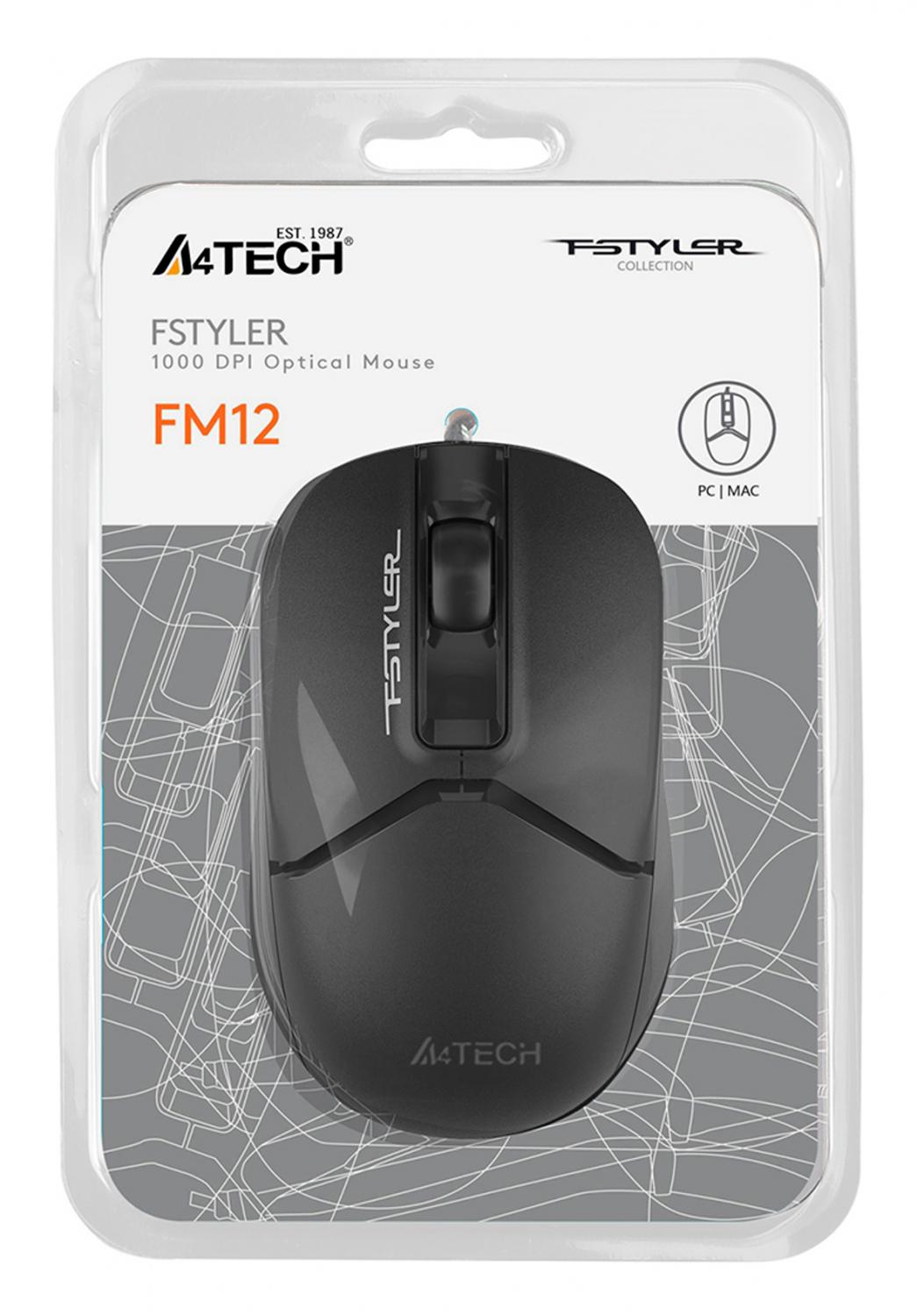 Мышь A4Tech Fstyler FM12S черный оптическая 1200dpi silent USB 3but (FM12S BLACK)