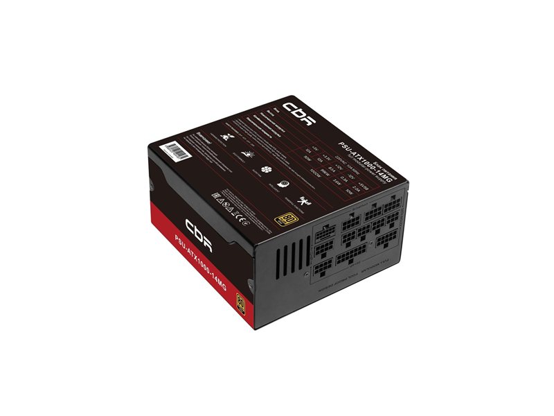 Блок питания CBR ATX 1000W 80+ Gold, Full Modular, DC-DC, APFC, 14cm fan, 24pin, 1*PCIE5.1(12+4pin), 2*8-pin(4+4P), 3*6+2pin, 3*SATA, 5*IDE, 1.5м кабель питания, черный [PSU-ATX1000-14MG/14GM] BOX