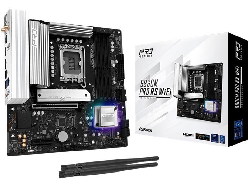 Материнская плата ASROCK B860M PRO RS WIFI, LGA1851, B860, 4*DDR5, 4*SATA, 4*M.2, 6*USB 3.2, 2*USB 2.0, Type-C, 2*PCIx16, 1*M.2 (Key E), HDMI+DP, mATX
