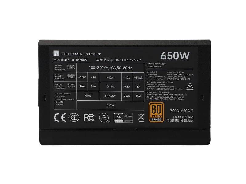 Блок питания 650W/ Power Supply Thermalright, 650W 80+ Bronze (ATX, 3.0, Non-modular, 1x24(20+4)pin 550mm, 1xCPU*2 8(4+4)pin 600+150mm, 1xPCIe*2 8(6+2)pin 500+150mm, 1xSATA*3+MOLEX4pin*1 400+150+150+150mm, 1xSATA*2+MOLEX4pin*2 400+150+150+150mm, Active, 1