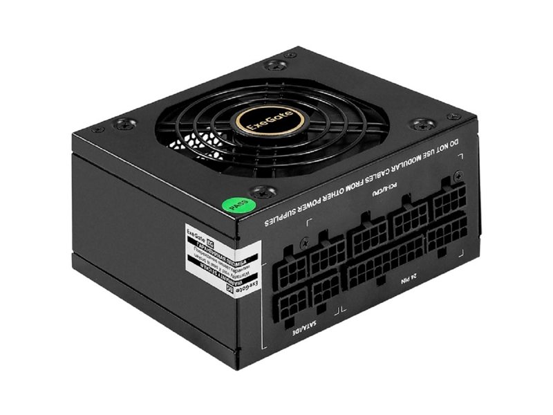 Exegate EX297193RUS Блок питания 650W ExeGate M650 GOLD (SFX, APFC, КПД 90% (80 PLUS GOLD), 9cm fan, 24pin, (4+4)pin, 2xPCI-E, 6xSATA, 3xIDE, 1xFDD, Full Cable Management, black, ATX adapter, Retail b