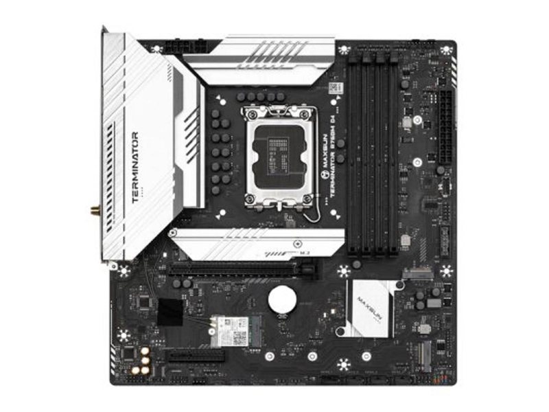MAXSUN MS-Terminator B760M D4 WIFI6E V2 (Socket 1700, mATX, 4*DDR4(128b), DP/HDMI, 4*SATA3, 3*M.2, 1xPCI-E x16 /1xPCI-E x4, 6*USB 2.0, 2*USB 3.2 GEN2, LAN 1*2.5G,  Bluetooth,  Wi-Fi 802.11ax, RTL)
