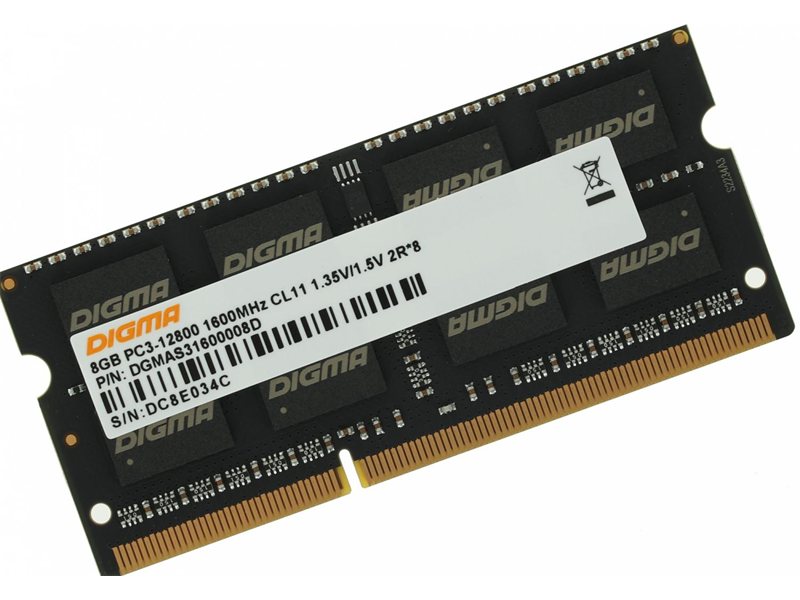 Память DDR3 8GB 1600MHz Digma DGMAS31600008D RTL PC3-12800 CL11 SO-DIMM 204-pin 1.35В dual rank Ret