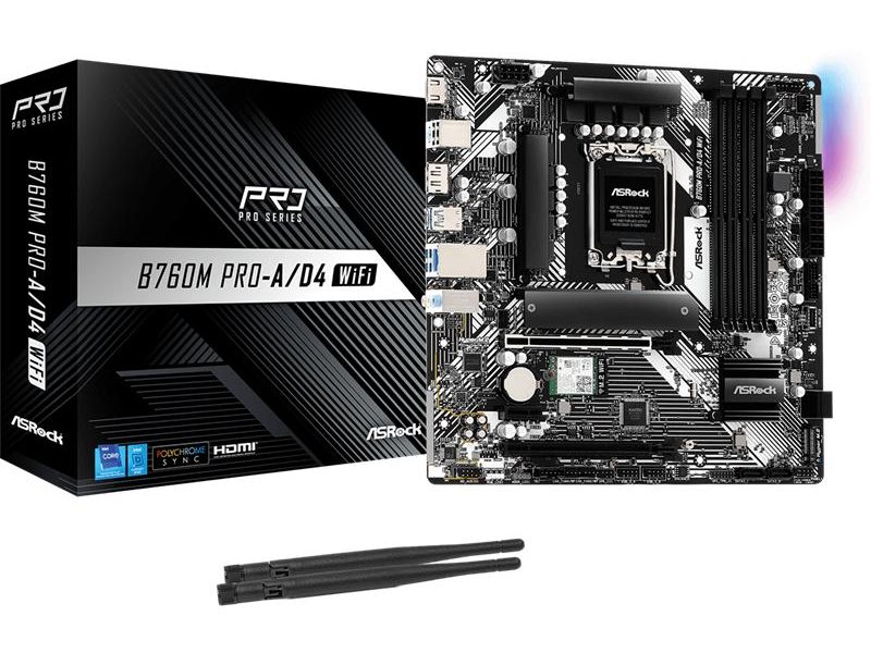 Материнская плата ASROCK B760M PRO-A/D4 WIFI, LGA1700, B760, 4*DDR4,  4*SATA, 2*M.2, 3*USB 3.2, 2*USB 2.0, Type-C, 2*PCIx16, 1*PCIx1, 1*M.2 (Key E), HDMI+DP, mATX