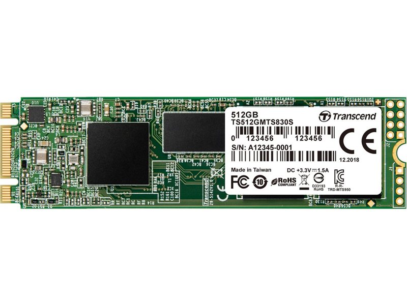 Твердотельный диск 512GB Transcend MTS830, M.2 2280, SATA, 3D TLC, with DRAM [R/W - 560/500 MB/s]