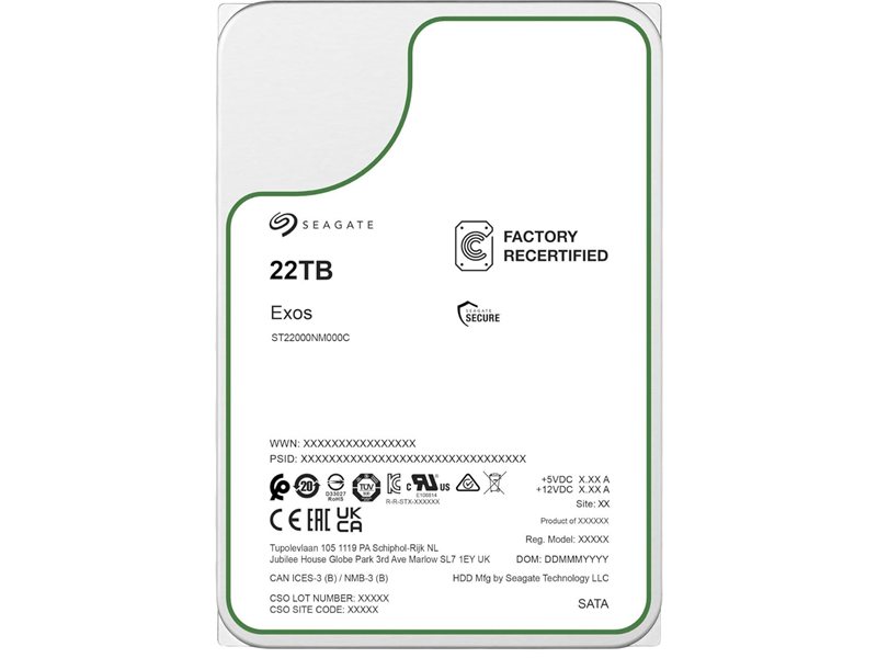 Жесткий диск/ HDD Seagate SATA3 22Tb Exos 7200 512Mb OFFICIAL RECERTIFIED MTBF - 2.5M hrs 1 year warranty (replacement ST22000NM001E, ST20000NM002C, MG10AFA22TE)