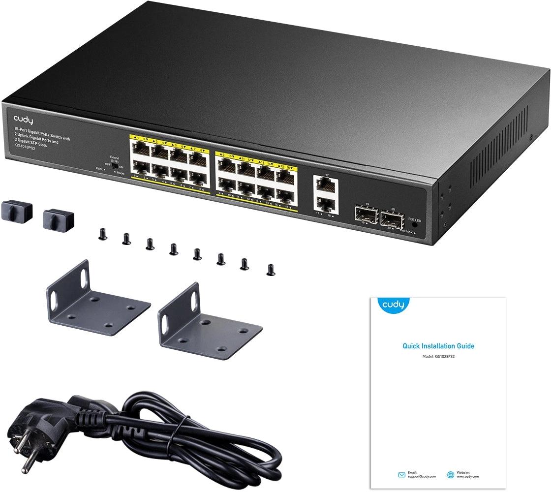 Коммутатор Cudy GS1018PS2 (L2) 18x1Гбит/с 2xКомбо(1000BASE-T/SFP) 2SFP 16PoE 200W неуправляемый