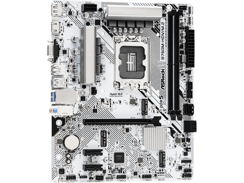 Материнская плата ASROCK B760M-HDV/M.2, LGA1700, B760, 2*DDR5, 4*SATA, 2*M.2, 3*USB 3.2, 2*USB 2.0, Type-C, 1*PCIx16, 2*PCIx1, 1*M.2 (Key E), HDMI+DP+D-Sub, mATX